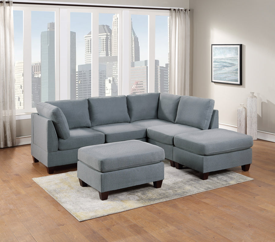 Modular Sectional 6pc Set Living Room Furniture L-Sectional Grey Linen Like Fabric 2x Corner Wedge 2x Armless Chairs and 2x Ottomans - primary image