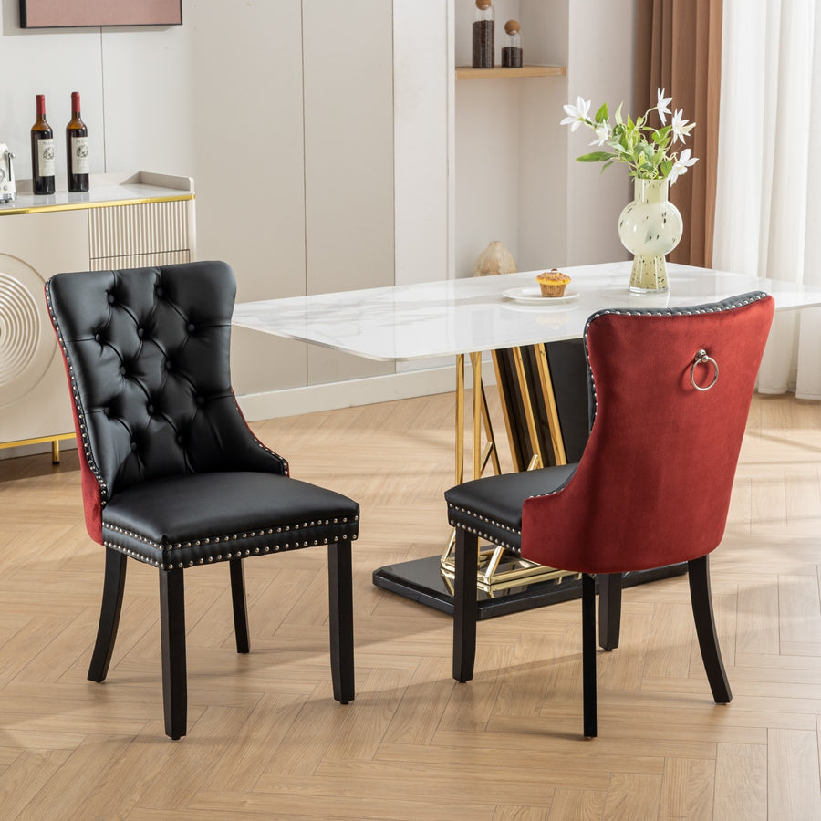 Black+Burgundy PU Leather Tufted Nailhead Trim Dining Chairs with Black Legs (Set of 2)