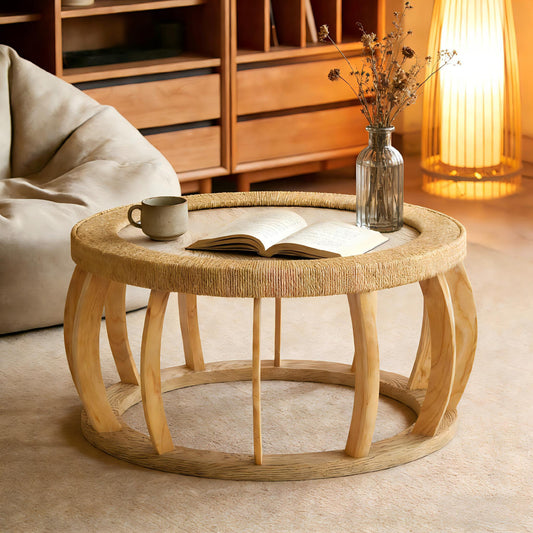 35.43'vintage Rattan Solid Wood Round Coffee Table - Natural - primary color shot