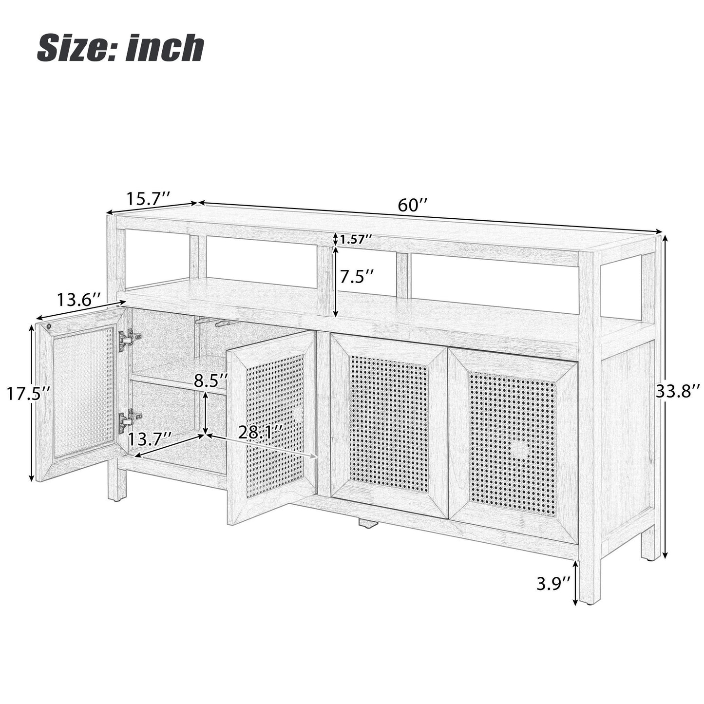TREXM Bohemian Style Rattan Buffet Storage Cabinet with Solid Wood Frame - Natural - detail view 2