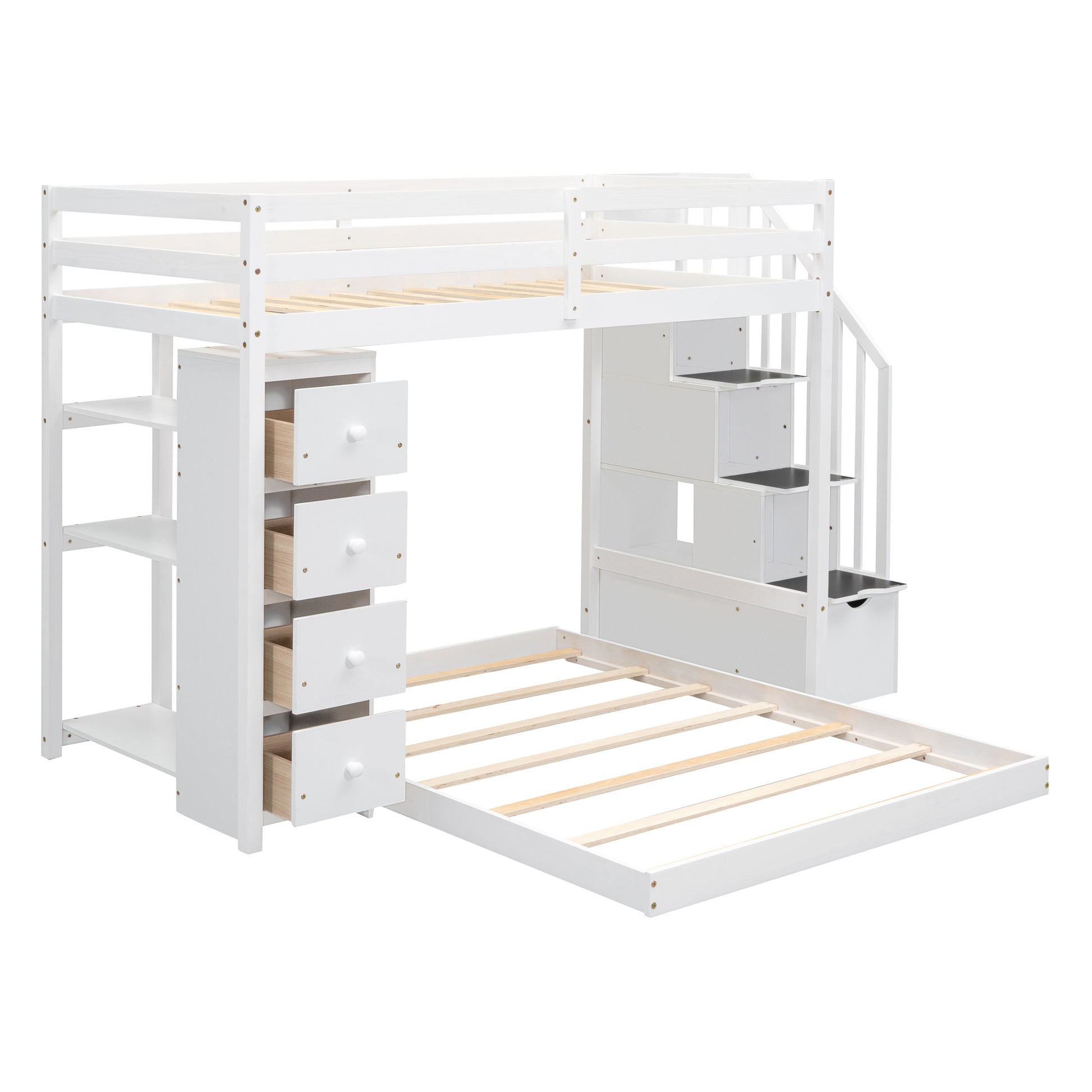 Twin over Full Bunk Bed with 3-Layer Shelves - White - detail view 4