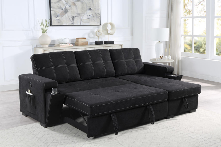 Toby 95' Black Woven Fabric Reversible Sleeper Sectional Sofa with Storage Chaise Cup Holder Charging Ports and Pockets - primary color shot