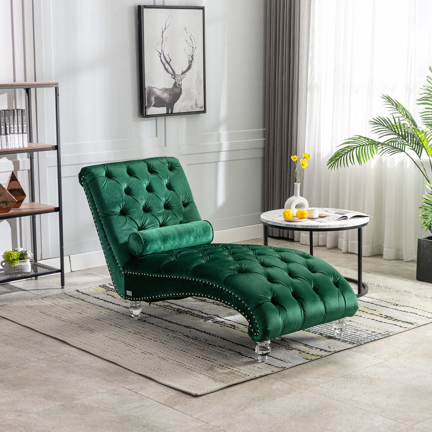 Emerald Velvet Tufted Chaise Lounge with Wood Legs - detail view 2
