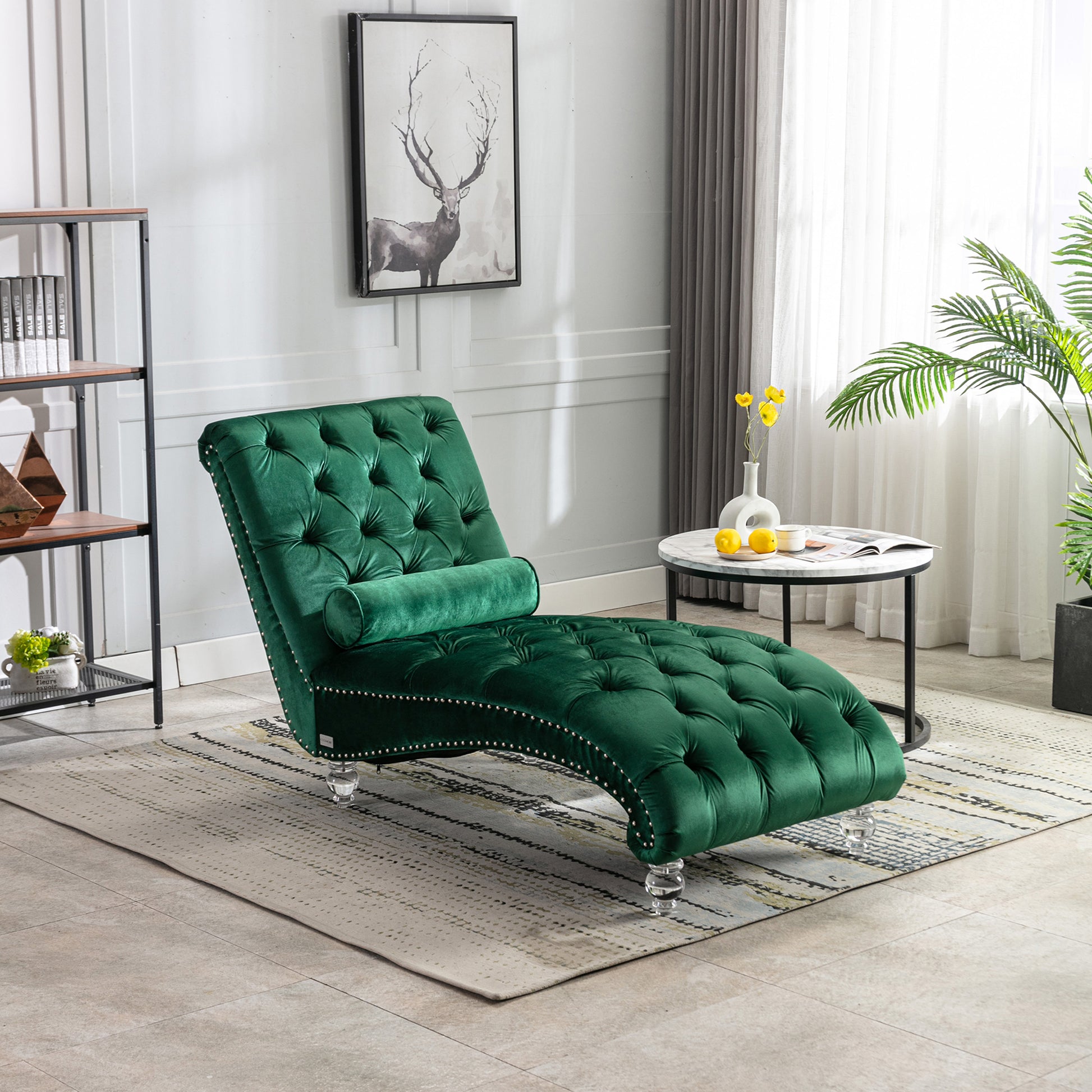 Emerald Velvet Tufted Chaise Lounge with Wood Legs - detail view 2