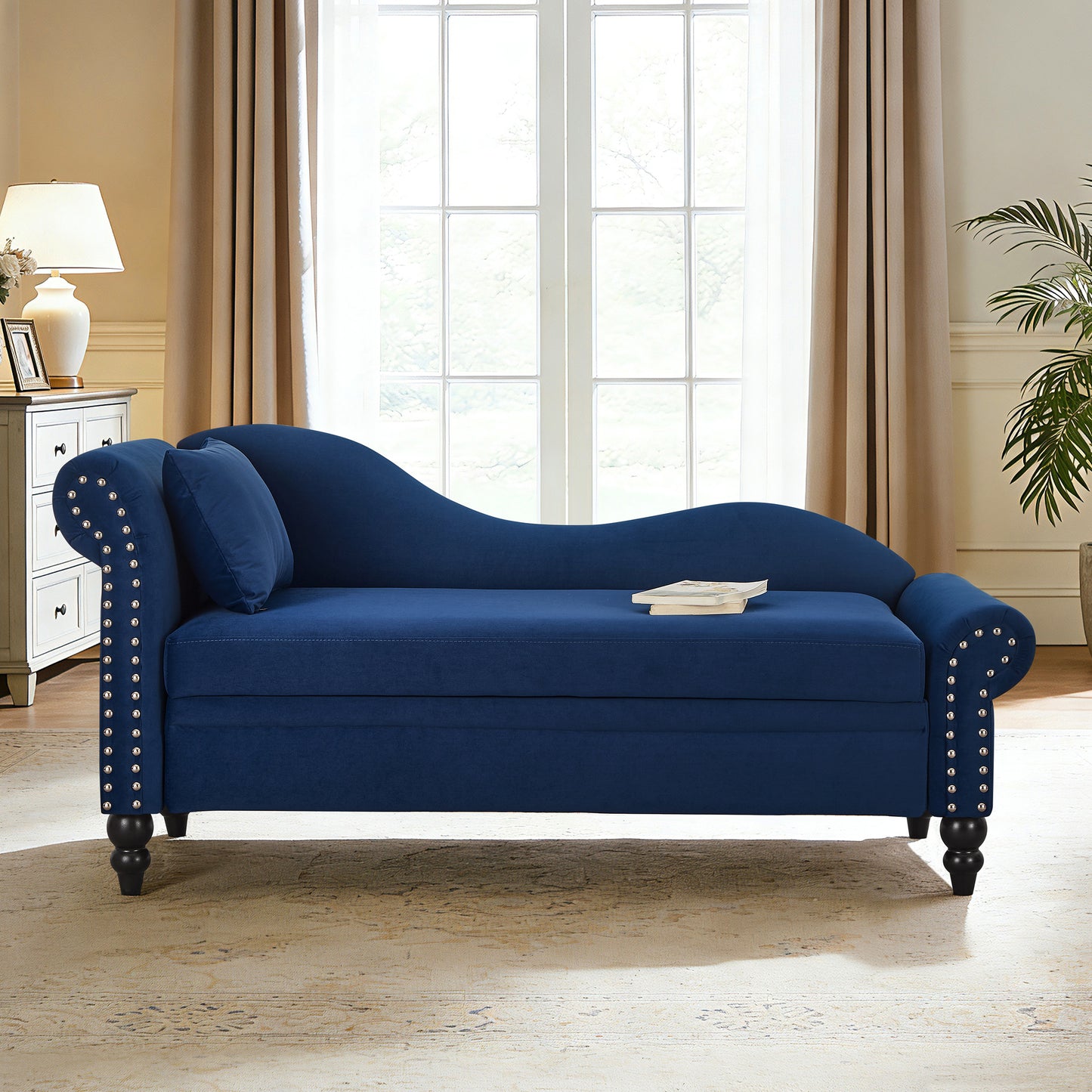 64" Modern Velvet Chaise Lounge - Navy & Blue - detail view 2