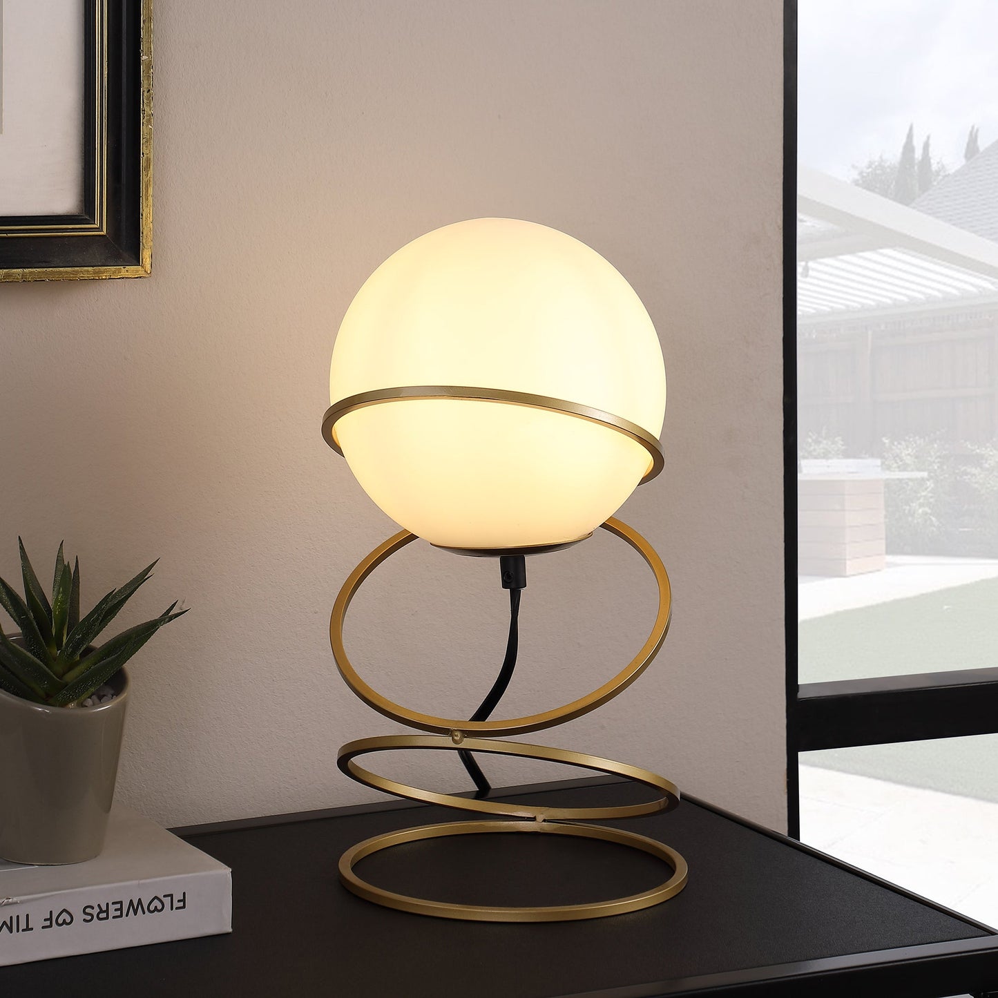 13.5' H Glass Globe Matte Gold Spiral 4 Ring Metal Stand Table Lamp for Living Room, Nightstand Bedside Table Lamp for Bedroom, LED Lamp