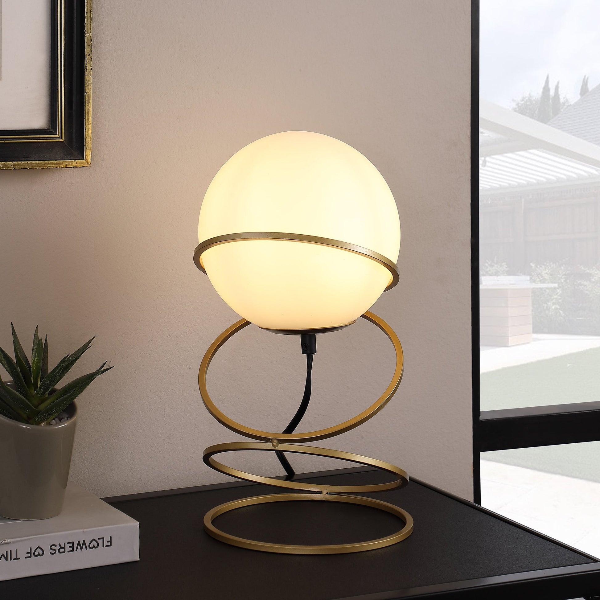 13.5' H Glass Globe Matte Gold Spiral 4 Ring Metal Stand Table Lamp for Living Room, Nightstand Bedside Table Lamp for Bedroom, LED Lamp