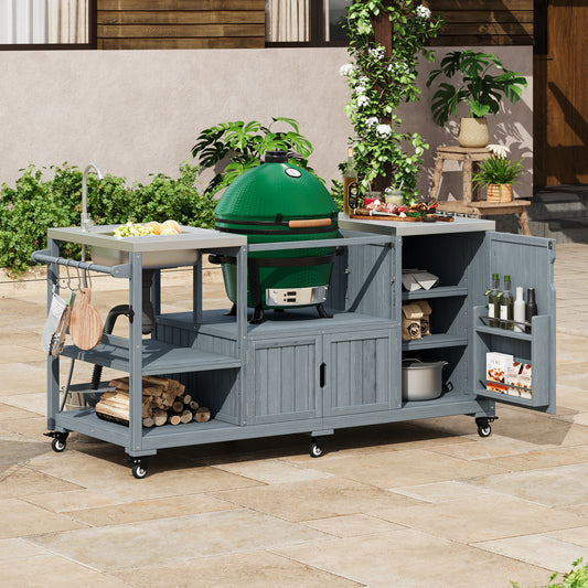 K&k 75.4' Outdoor Kitchen Island with Sink - Grey & Blue - primary color shot