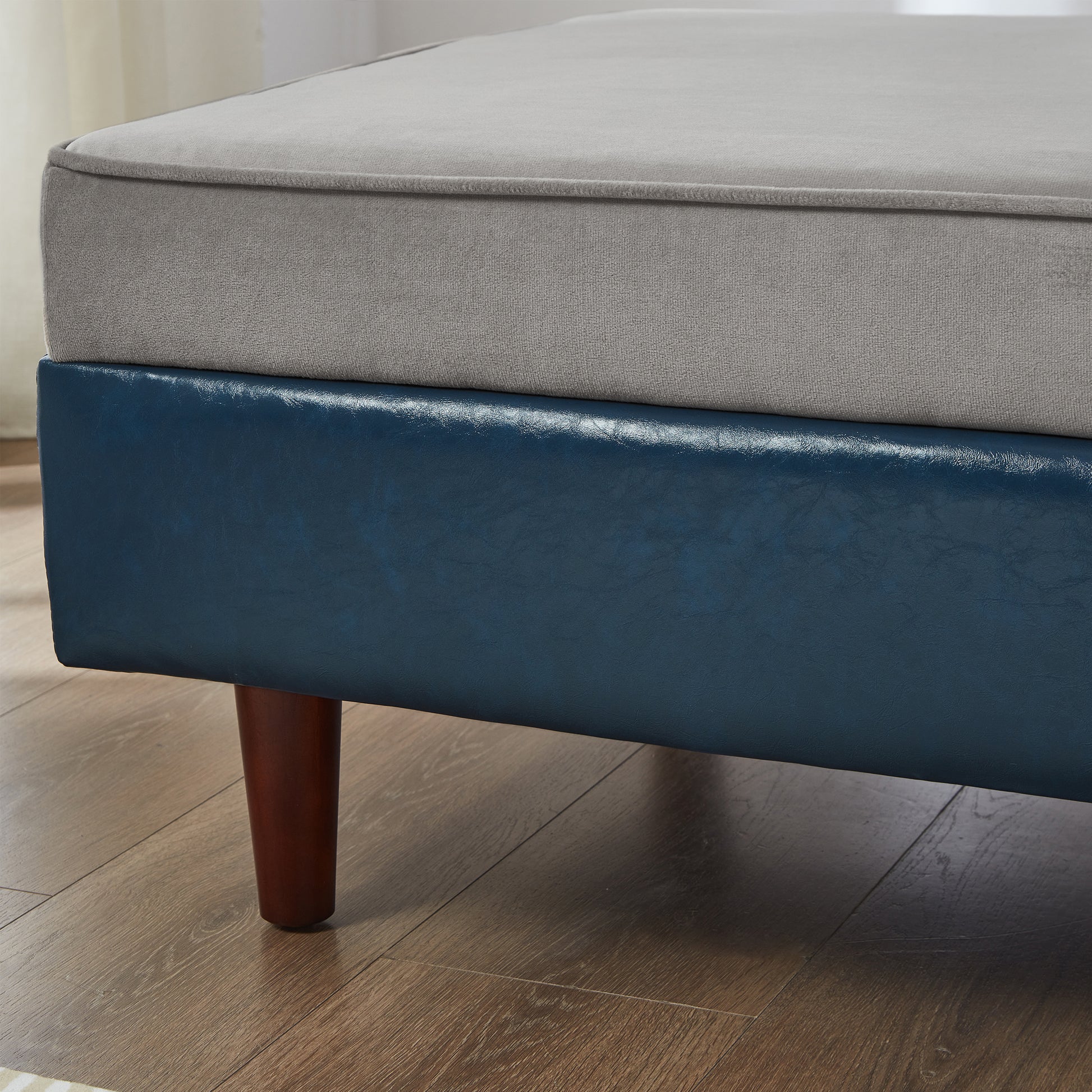 65" Storage Chaise Lounge Sofa Navy Blue PU & Light Gray Velvet - Blue & Grey - detail view 6