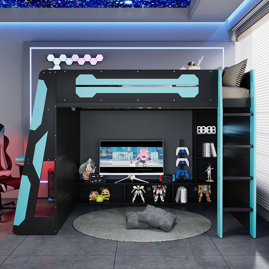Full Size Wood Loft Bed with Desk - Blue - detail view 2