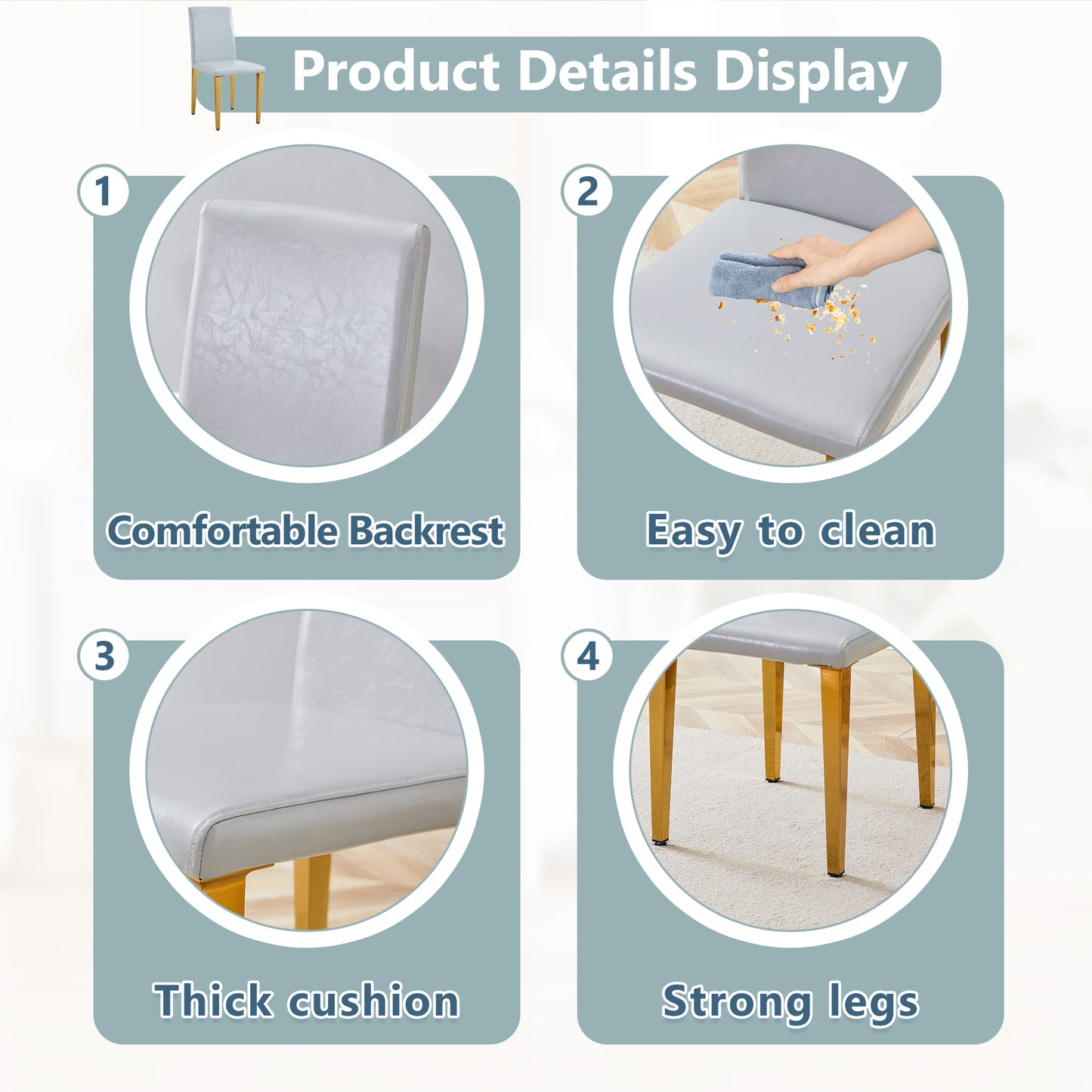 Gray PU Leather Dining Chairs with Gold Legs (set of 2) - detail view 6