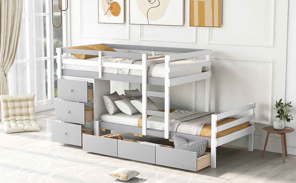 Hughes Twin over Twin Bunk Bed with Drawers and Ladder, Gray