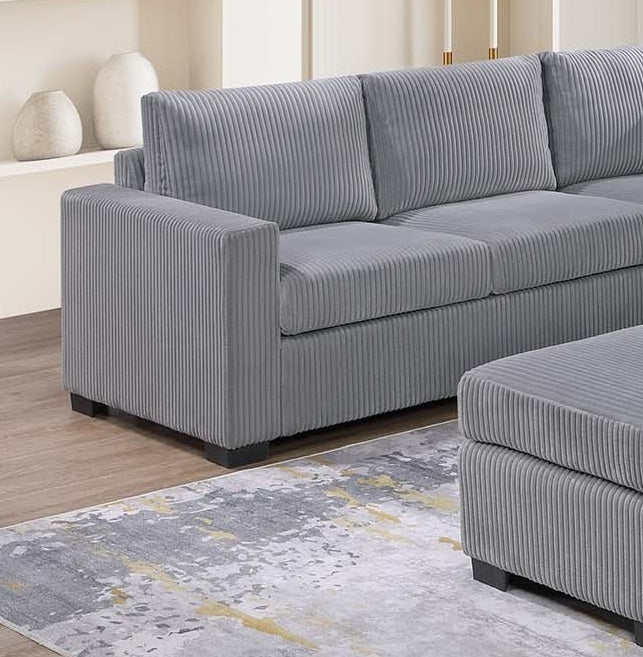 Modern Functional Light Gray Corduroy Upholstered Sectional Set Living Room One Arm Loveseat Wedge Console Ottoman 4pc Couch Sofa Set - detail view 5