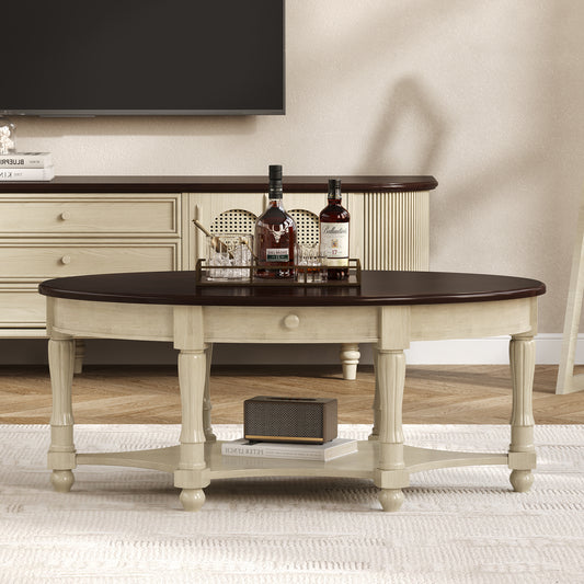 Vintage Oval Coffee Table with Drawer and Storage Shelf, Antique Cocktail Table in 45', French Country Accent Table for Living Room,Beige and Cherry