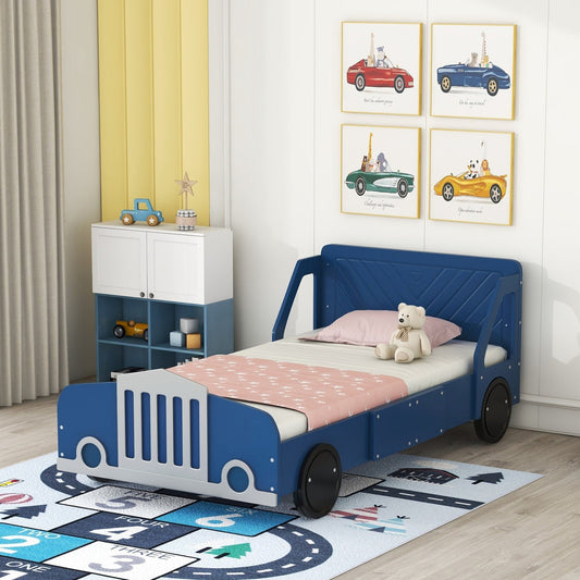 Timmy Twin Size Car-Shaped Platform Bed with Wheels,Blue