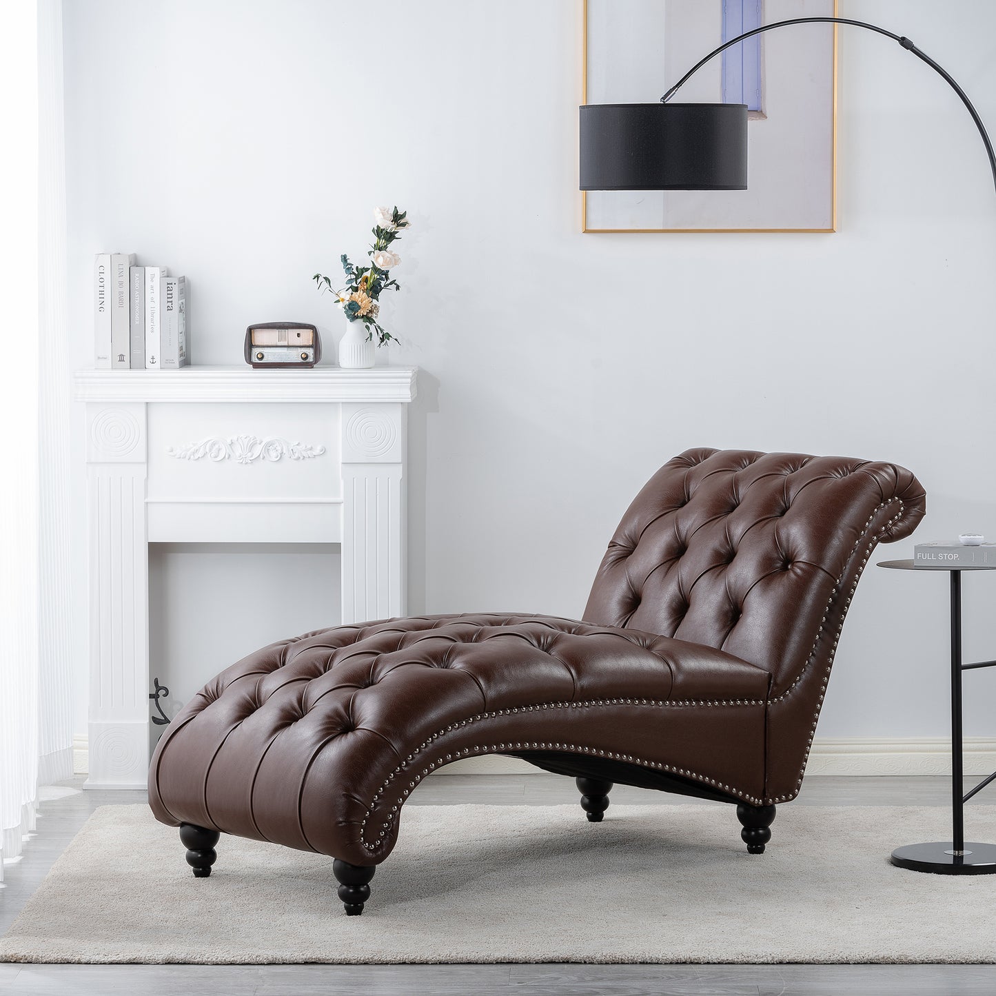 Modern Tufted Armless Chaise Lounge with Foam Cushion in Dark Brown PU - detail view 2