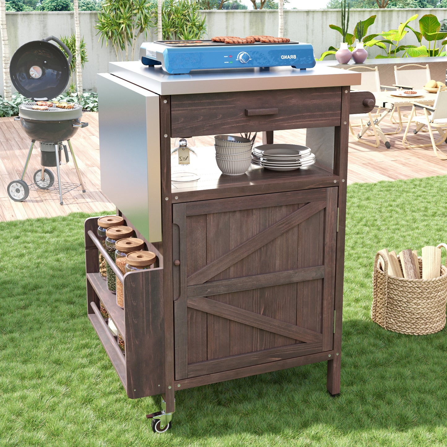 K&k 40.5' Outdoor Grill Cart with Stainless Steel Top - Brown - detail view 3