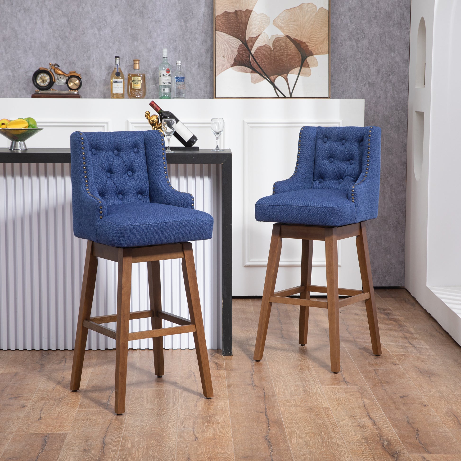 Coolmore Classic Design 360-Degree Swivel Bar Stools with Solid Wood Legs and Footrest Set of 2 Navy