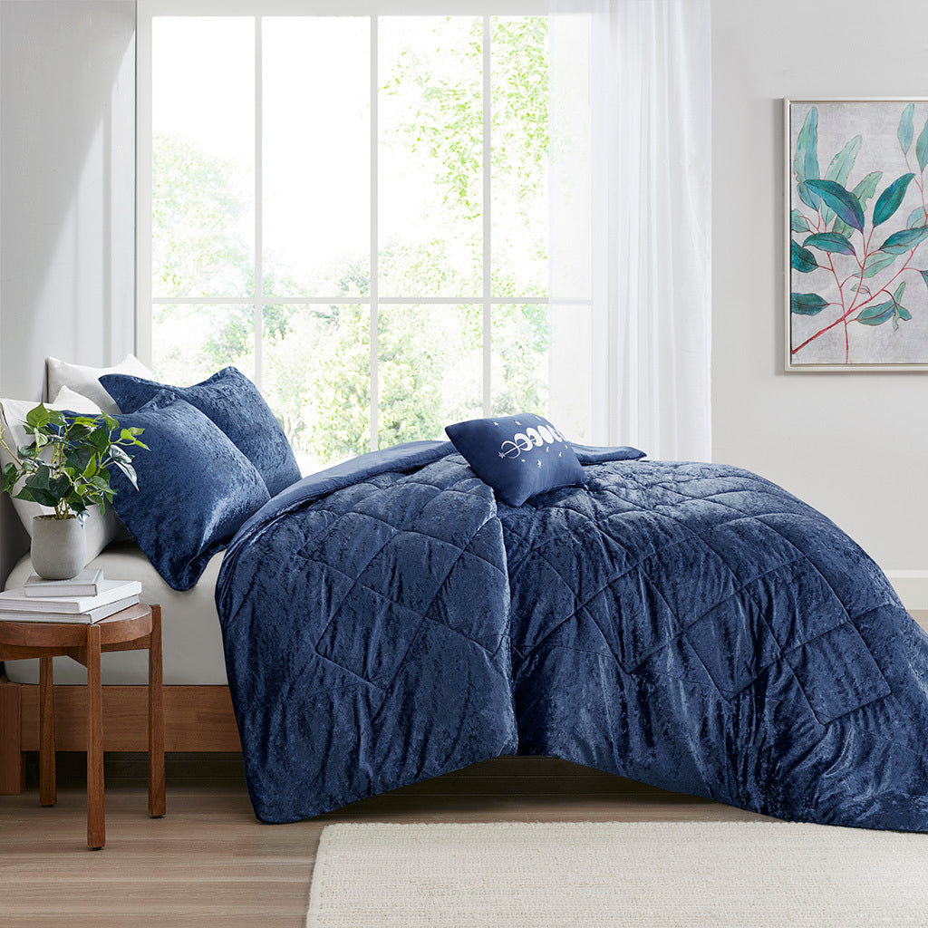 Navy Blue Velvet Comforter Set with Throw Pillow, Blue