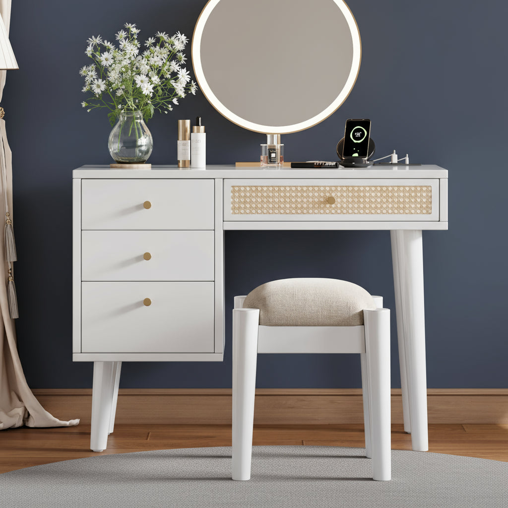 Jolene 39' Retro Bohemian Style Wooden Makeup Vanity Set, White