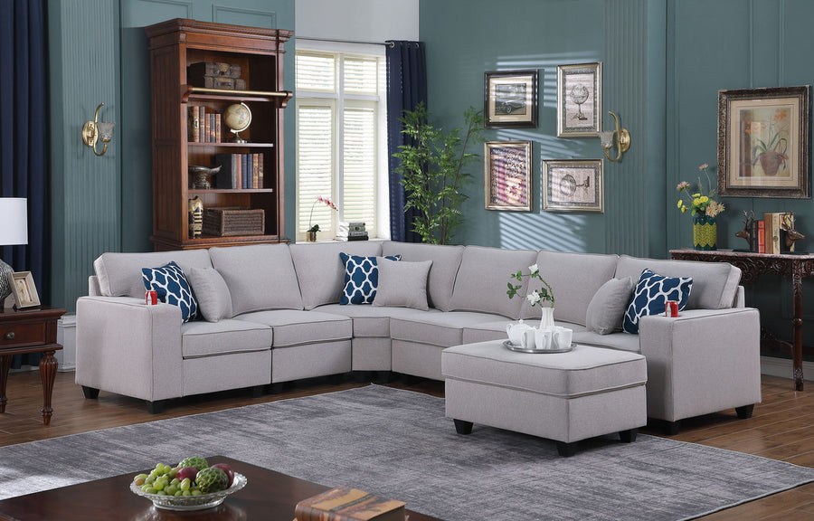 Cooper 125' Light Gray Linen 7Pc Reversible L-Shape Sectional Sofa with Ottoman and Cupholder - primary image