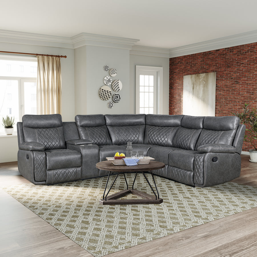 Home Theater Seating Manual Recliner with Cup Holder, Hide-Away Storage PU Reclining Sofa for Living Room, Home Theater, Gray - primary color shot
