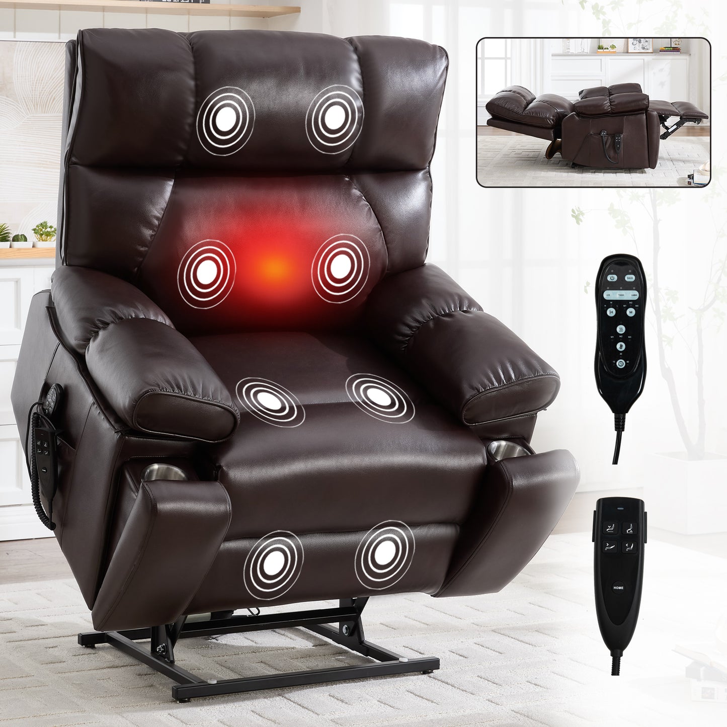 Brown Leatheraire Heat Massage Dual Motor Infinite Position Up to 350 LBS Large Electric Power Lift Recliners with Hidden Cup Holders - primary color shot