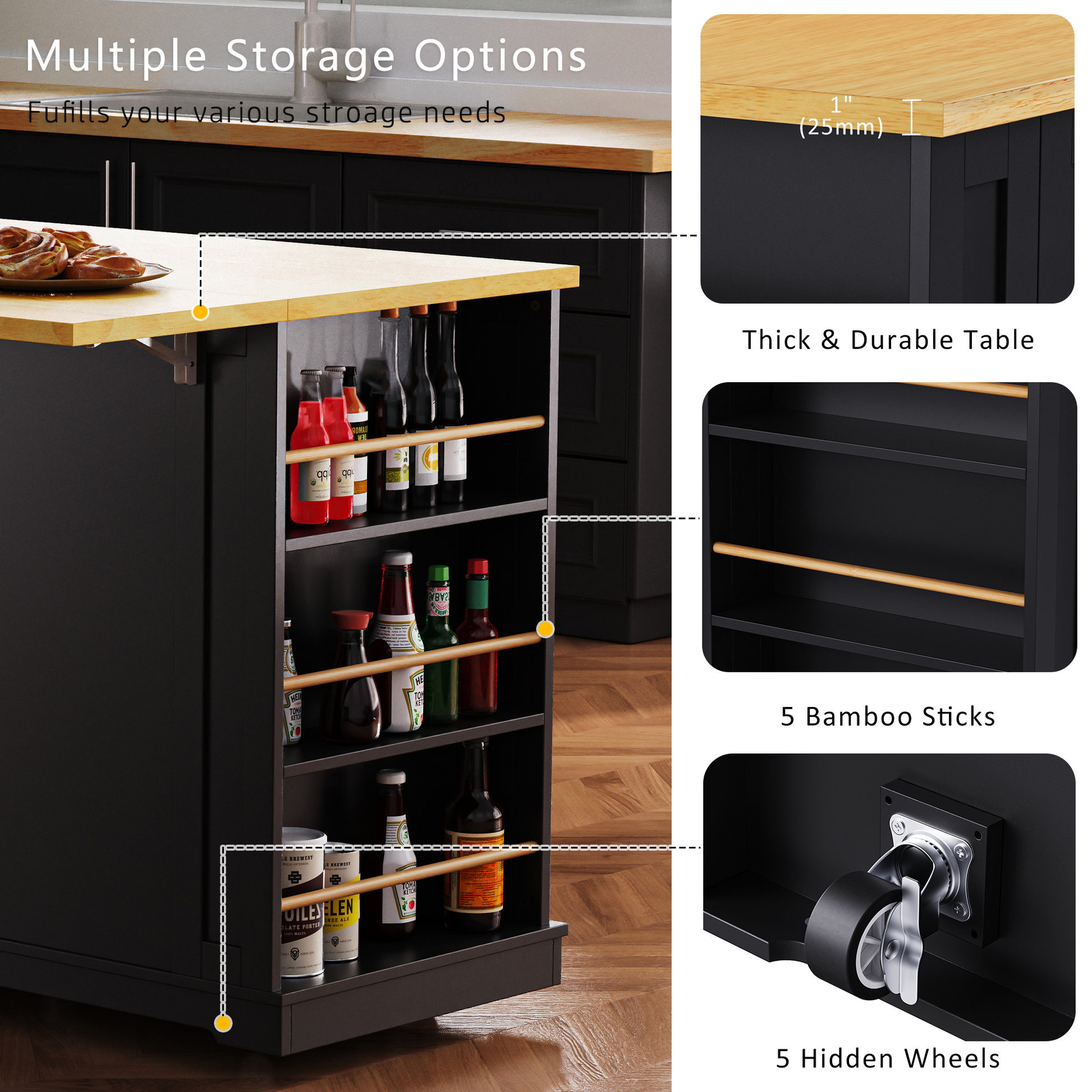 K&k 53" Large Kitchen Island with Drop Leaf - Black - detail view 6
