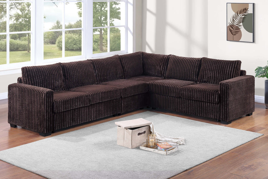L-Shaped Sectional Set 4pc One Arm Loveseat Armless Chair Corner Wedge Cushion Back Plastic Leg Corduroy Upholstered Coffee Finish Primary Living Room - primary image