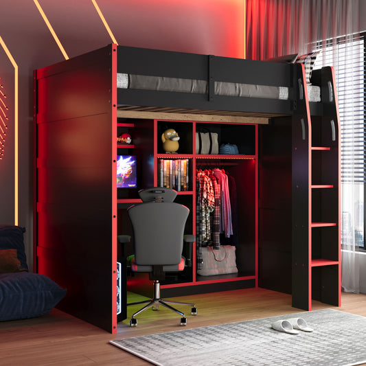 Full Size Wood Loft Bed with Desk - Red - primary color shot