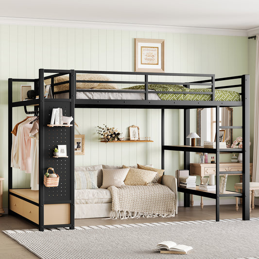 Queen Size Loft Bed Frame with Wardrobe - Black - primary color shot