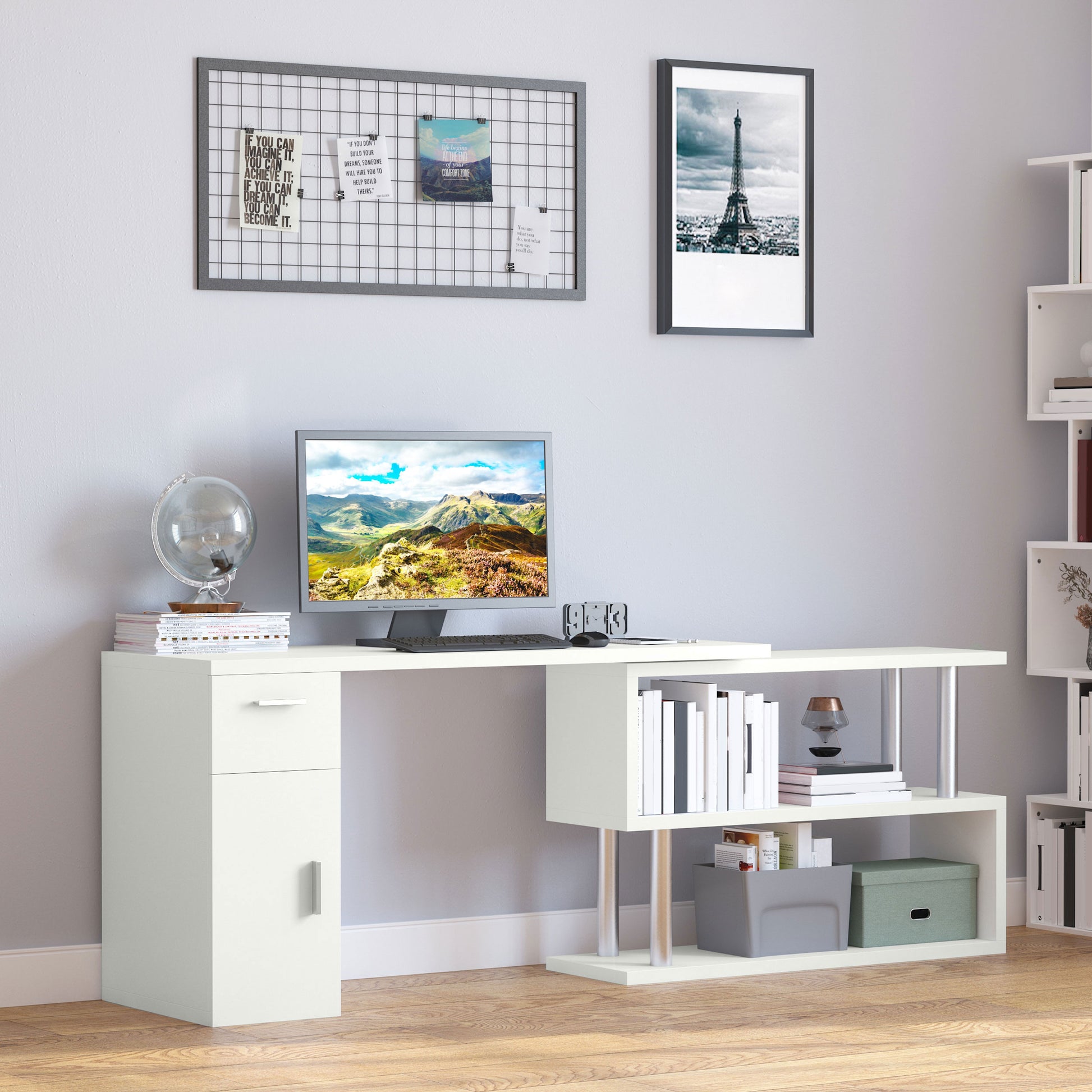 Ellery Rotating Computer Desk, 55" L-Shaped Desk, Corner Desk with Storage Shelves, White