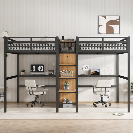 Twin over Twin Metal Loft Bed with Double Desk and Wardrobe and Shelves with Electrical Outlet for Space Saving and Noise Reduction - detail view 2