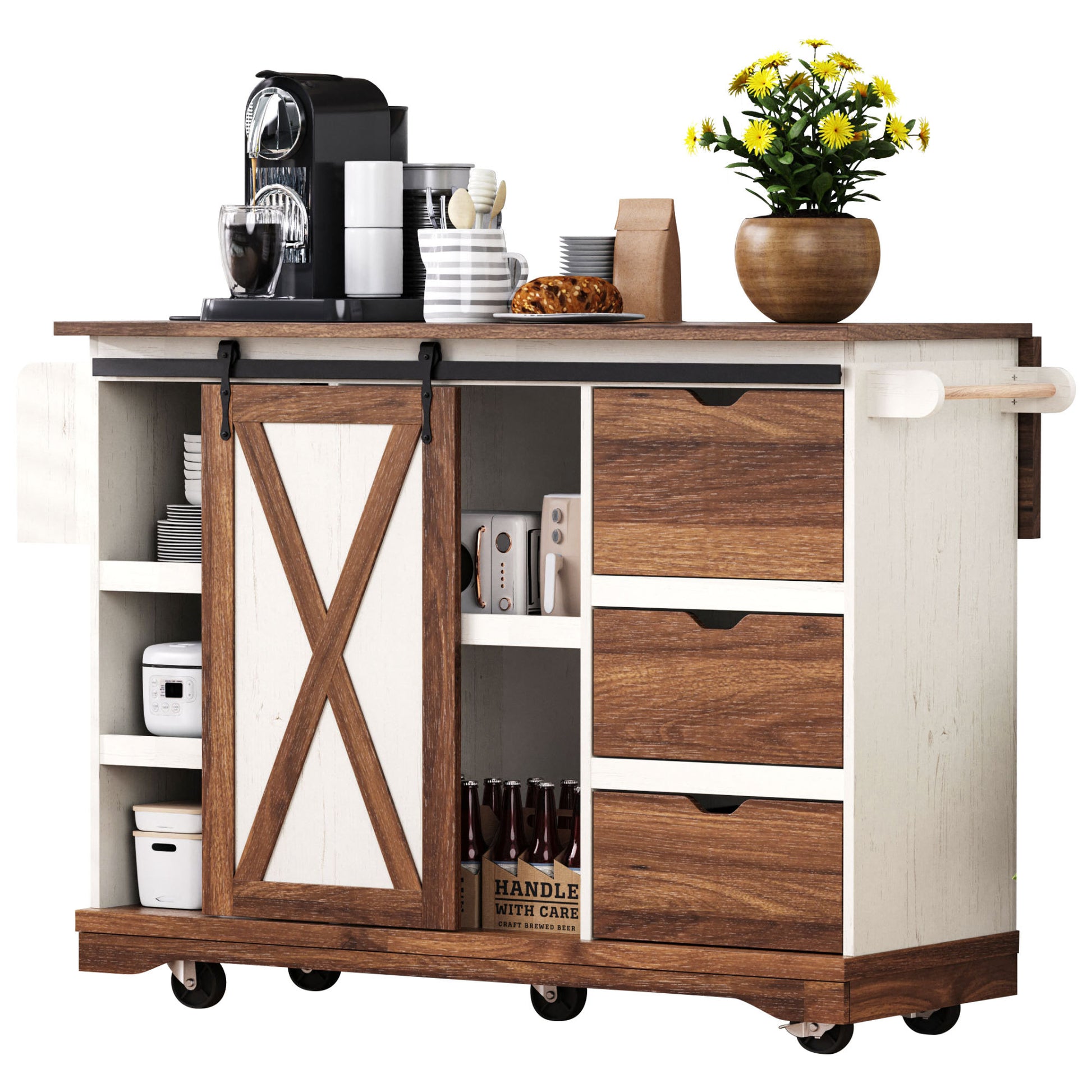 K&k 55.5' Farmhouse Kitchen Island with Drop Leaf - White - detail view 5