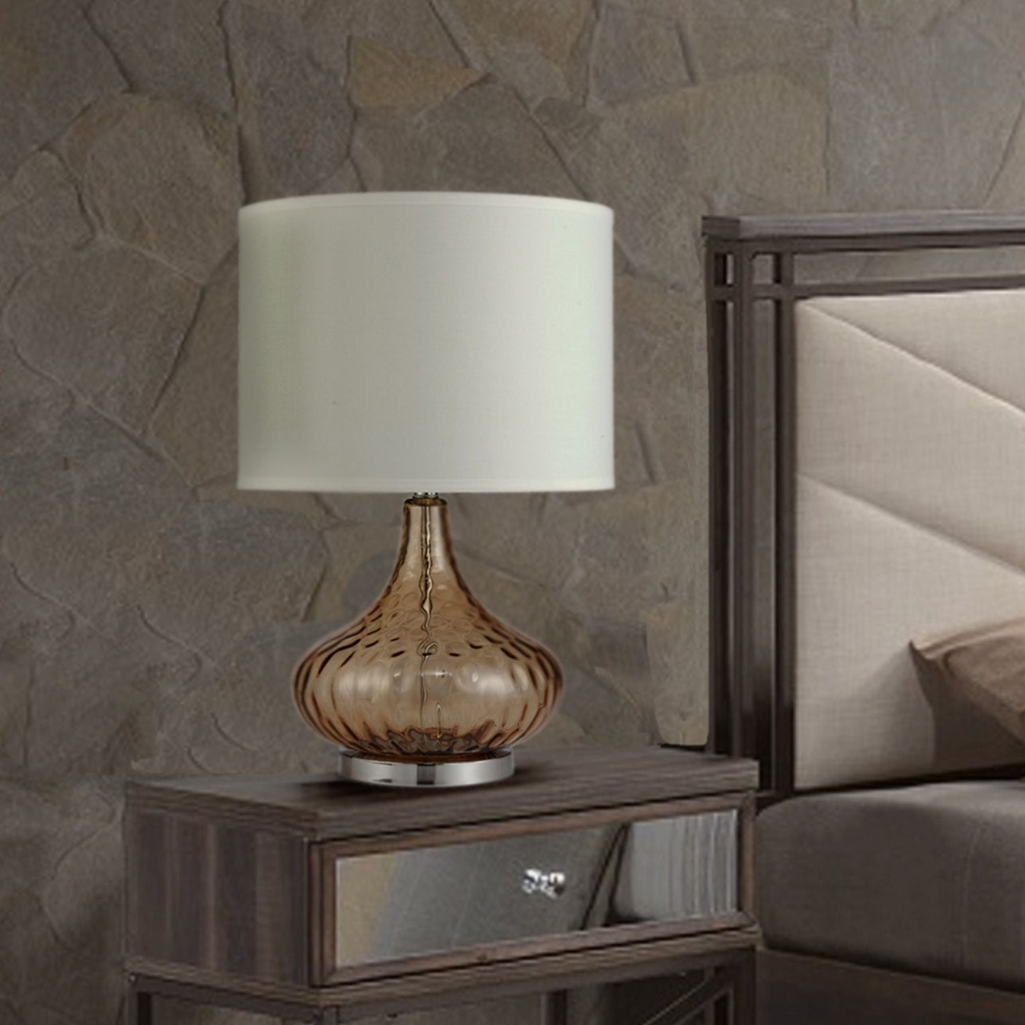 24.5' Tall Glass Table Lamp 'Courtney', Amber Glass and Chrome Silver