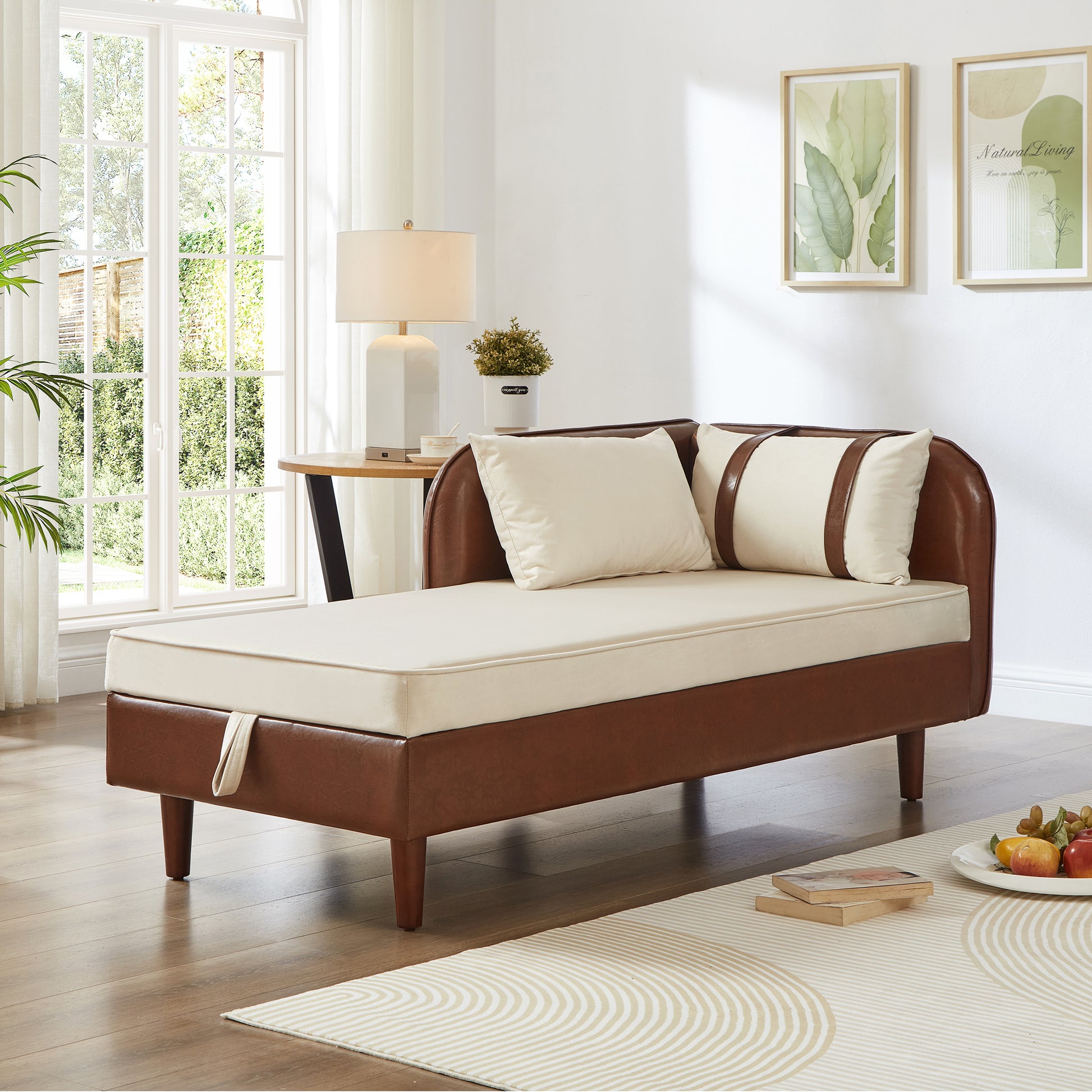 65" Storage Chaise Lounge Sofa Brown PU & Beige Velvet - primary color shot