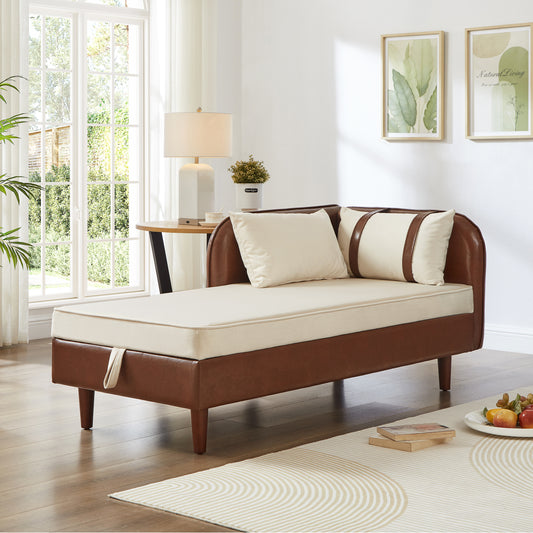 65" Storage Chaise Lounge Sofa Brown PU & Beige Velvet - primary color shot