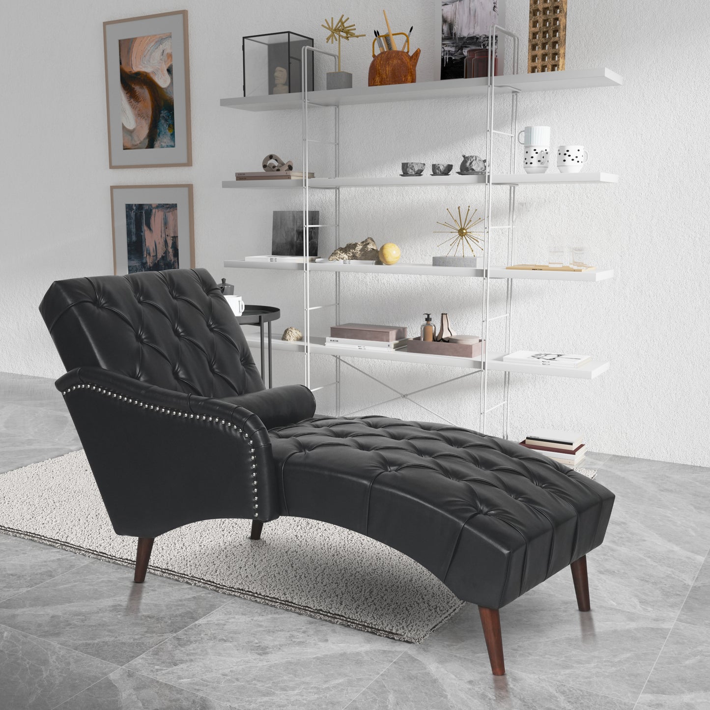 Chaise Lounge Arm Chair Indoor with Pillow & Solid Wood Legs - Black - primary color shot