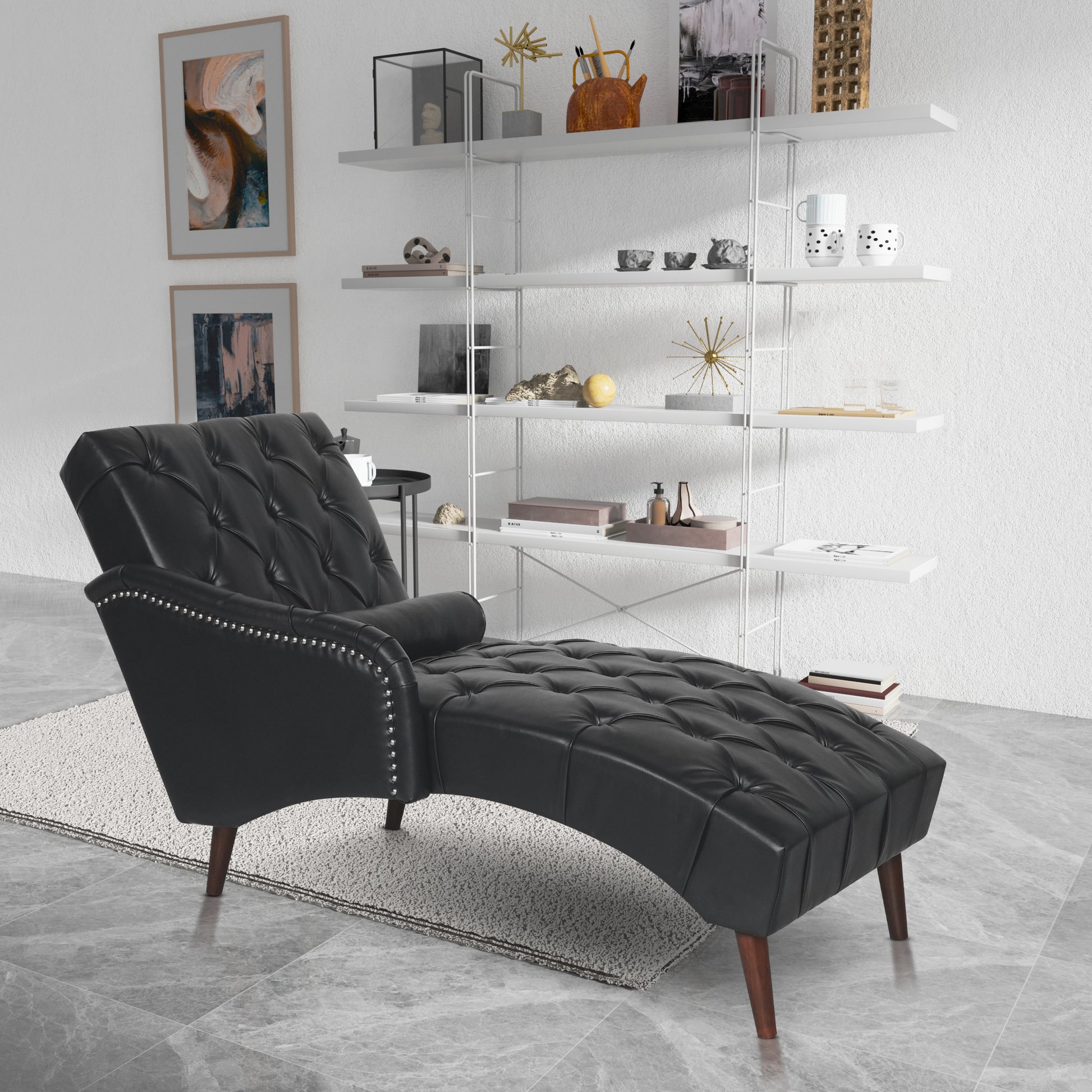 Chaise Lounge Arm Chair Indoor with Pillow & Solid Wood Legs - Black - primary color shot