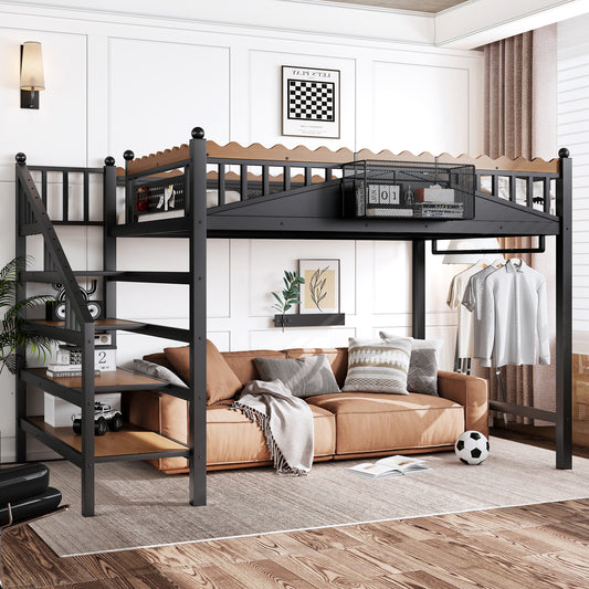 Full Size Loft Bed with Storage Stairs - Black - primary color shot