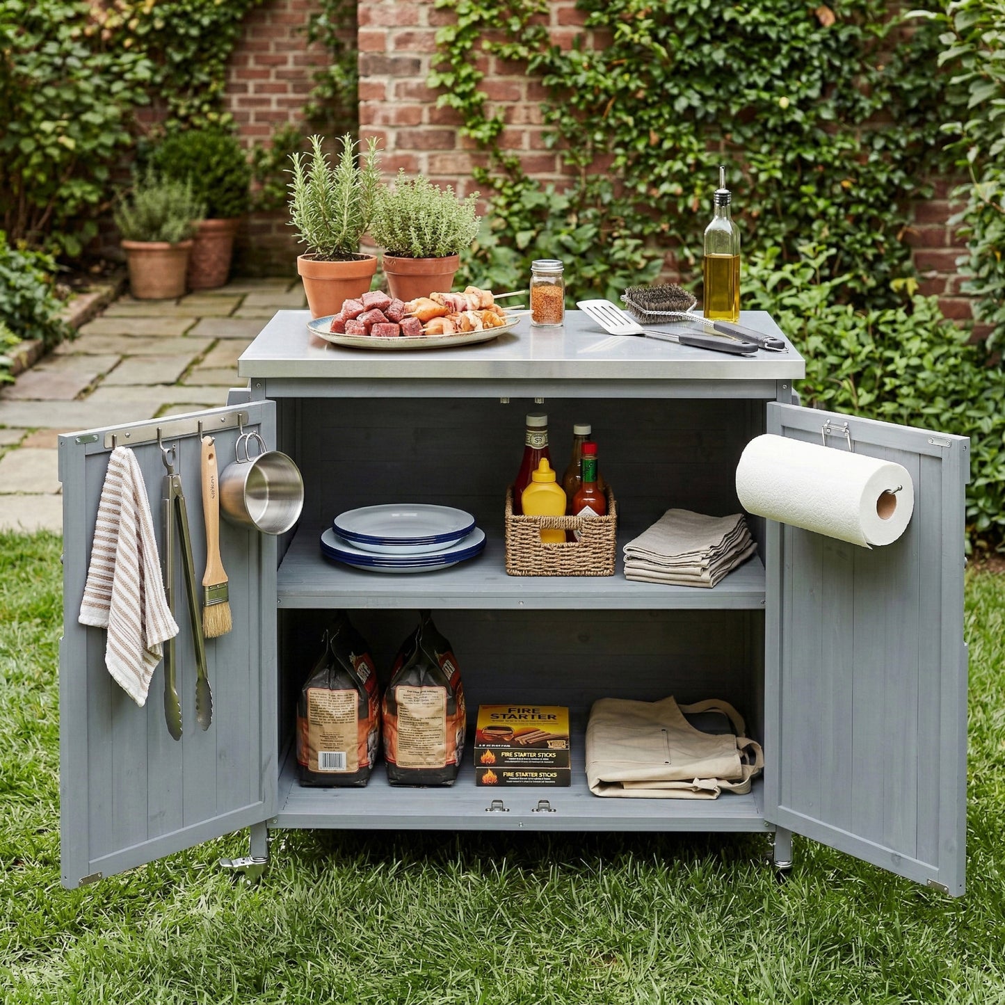 K&k 42.1' Outdoor Kitchen Island with Side Shelf - Grey & Blue - detail view 2