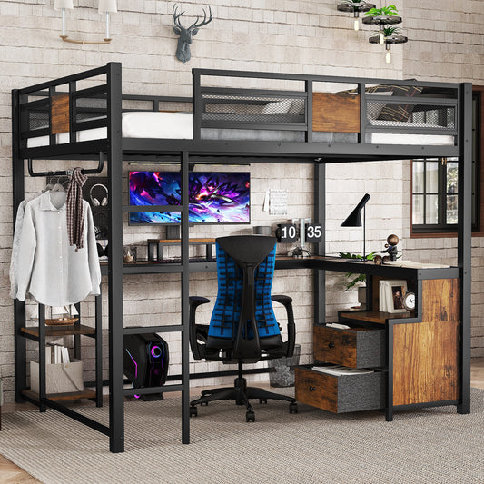 Queen Loft Bed with Desk and Storage Non-Woven Fabric Drawers - Black - primary color shot