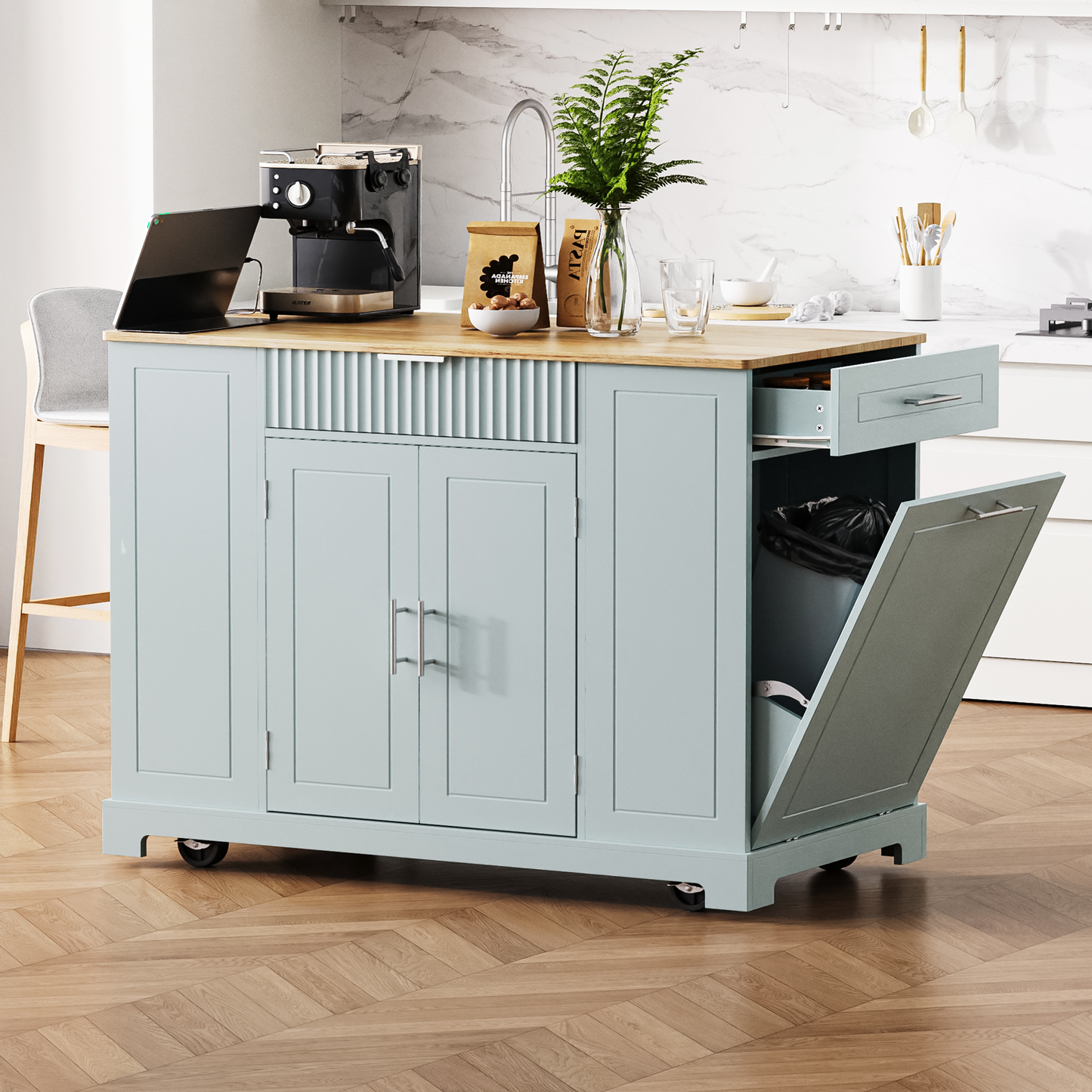 K&k Fluted Kitchen Island with Trash Can Storage Cabinet - Grey & Blue - detail view 2