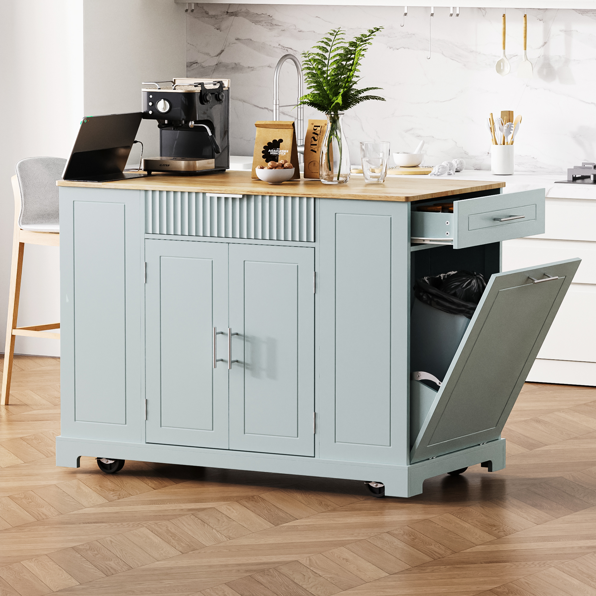 K&k Fluted Kitchen Island with Trash Can Storage Cabinet - Grey & Blue - detail view 2