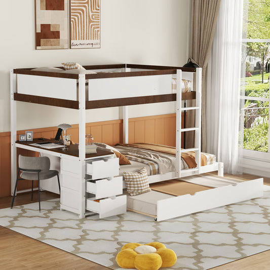 Stewart Full-Over-Full Bunk Bed with Twin size Trundle, Storage and Desk, White+Walnut