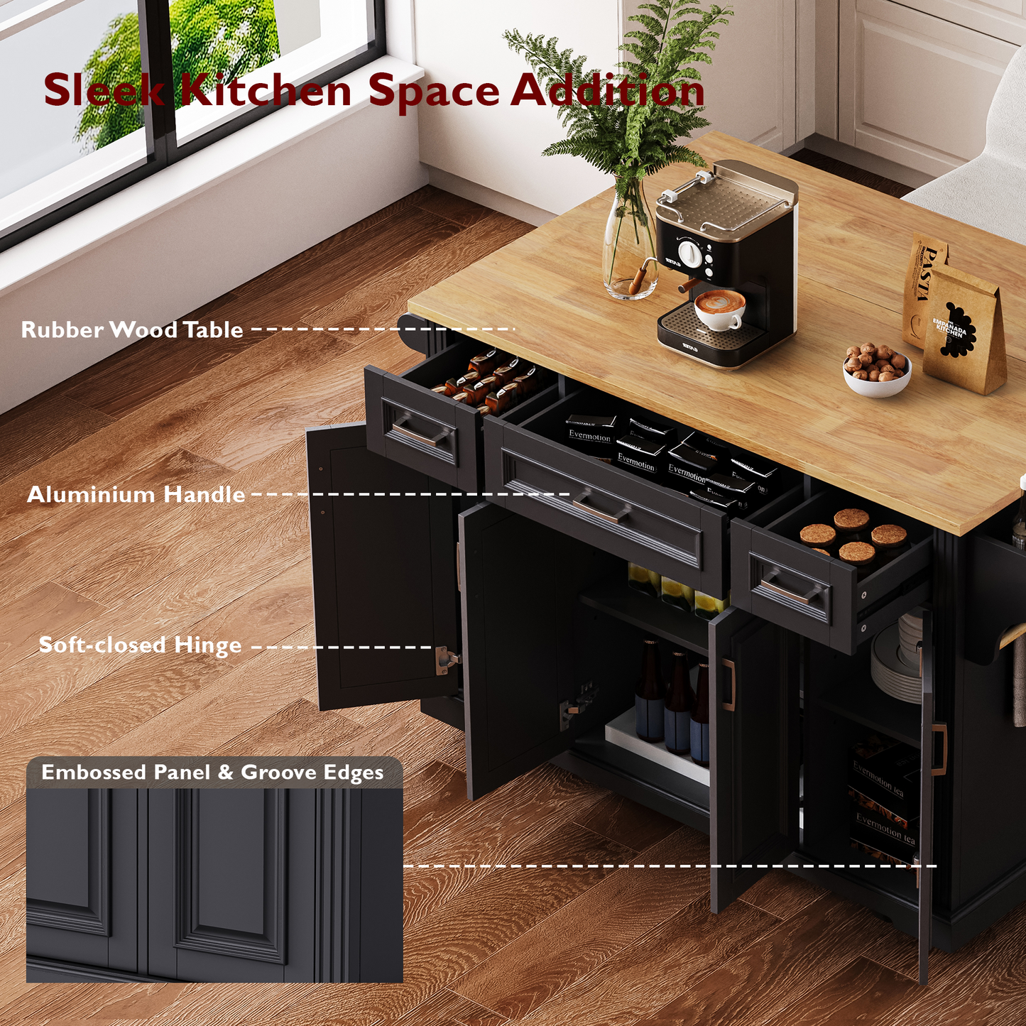 K&k 54" Large Kitchen Island with Rubber Wood Drop Leaf - Black - detail view 5