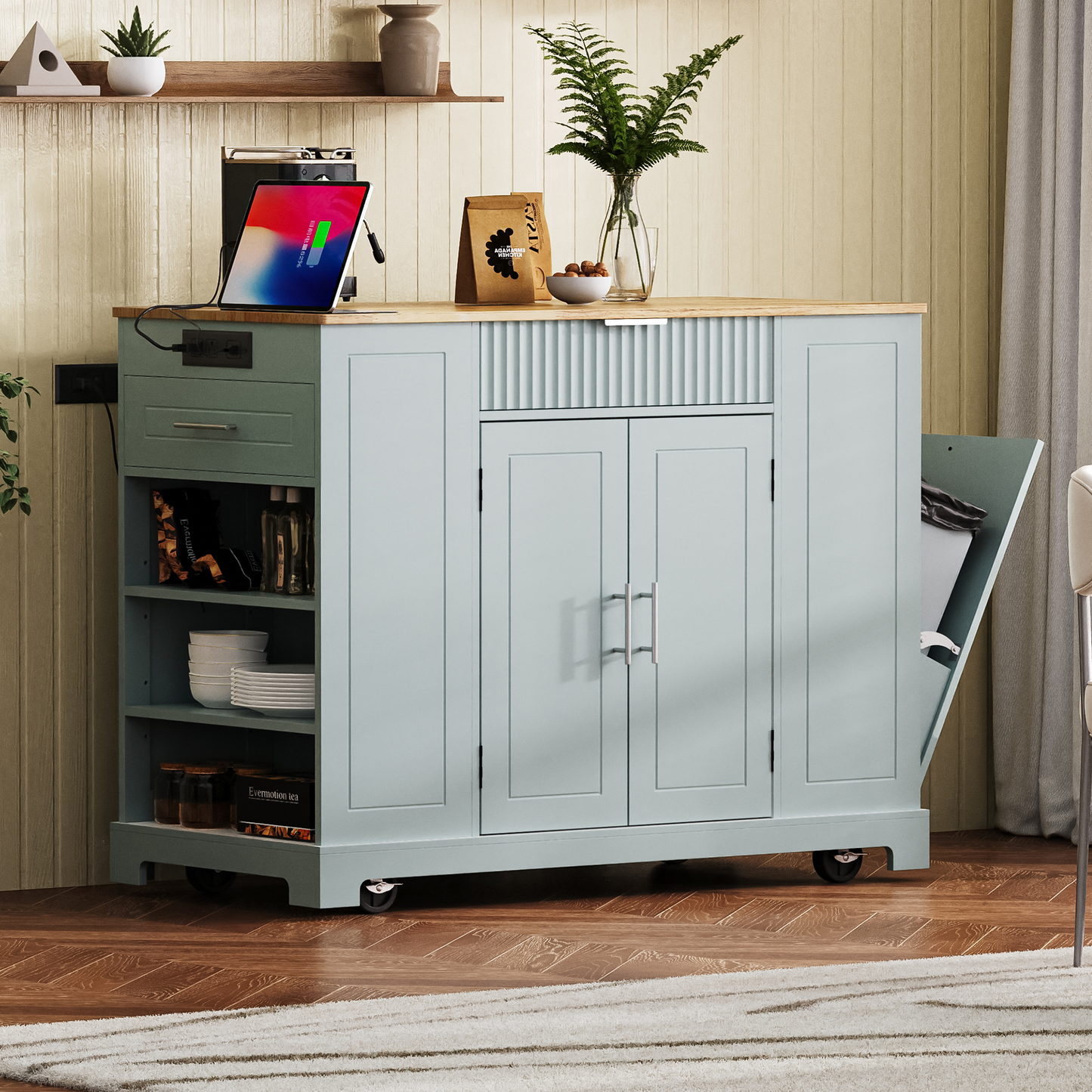 K&k Fluted Kitchen Island with Trash Can Storage Cabinet - Grey & Blue - detail view 4