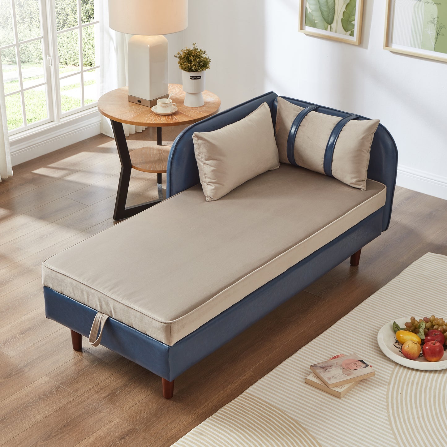 65" Storage Chaise Lounge Sofa Navy Blue PU & Light Gray Velvet - Blue & Grey - detail view 3