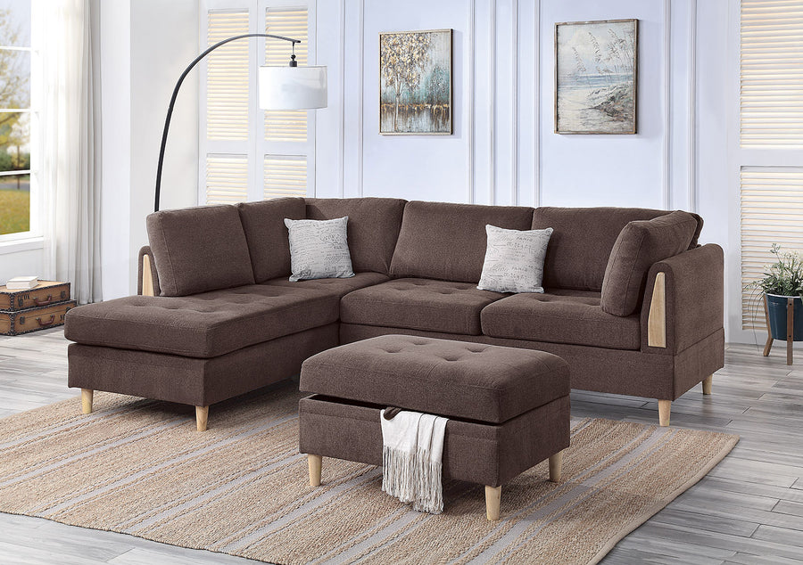 3 Piece Sectional Set with Ottoman Upholstered in Chenille Color Chocolate - primary image