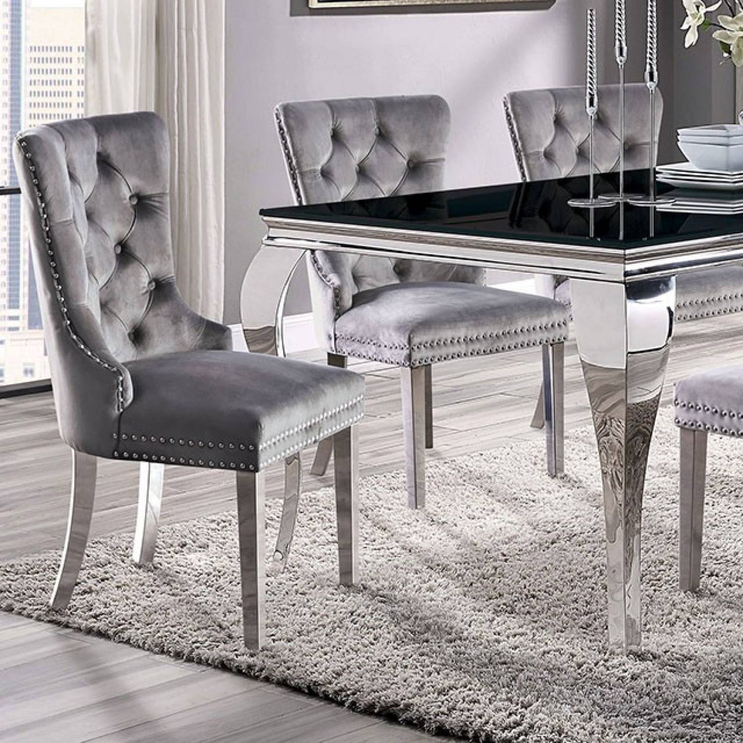 Emma Velvet Wingback Chairs with Mirrored Silver Legs Set of 2 , Gray